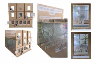 An collage of various images of a cardboard model of a designers vision for 'Restorative Prison Landscapes'