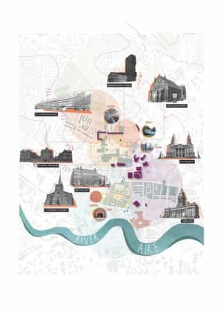 Diagrammatic visual highlighting the key historic buildings in Leeds