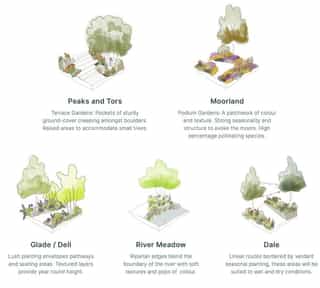 Hand drawn sketches shopwing different trees and planting, demonstrating the themes of Peaks and Tors, Moorlands, Glades / Dells, River Meadows and Dales.