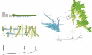 Hand drawn sketches demonstrating the green of the Pennines and the blue of the River Valley meeting in Oldham