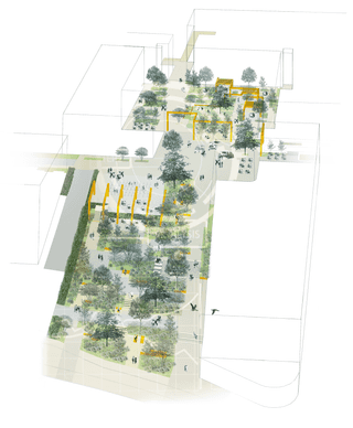 Alderley Park New Square, elevated sketch masterplan showing the proposed new park within the buildings.