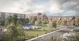 A CGI shot of proposed development of the old Goodison Park site. New low rise housing is surrounded by a lawned park with a pond, trees and people can be seen seating on benches.