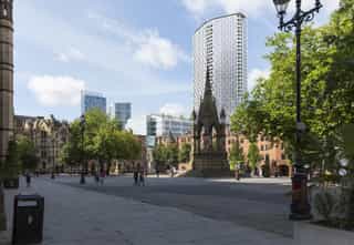 CGI image of Manchester City Centre, showing a public square with people walking through and a proposed new high rise building in the distance.