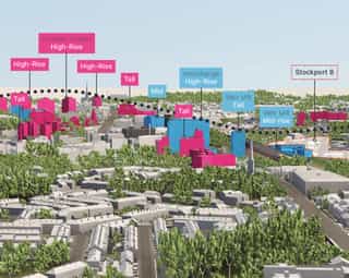 Model of stockport from a birds eye view with labels analysing the topography of the site.