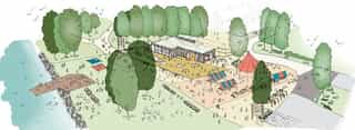 Illustrative axo of a community hub at Pennington Flash