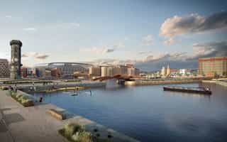Landscape‑led CGI showing sustainable urban drainage systems within the regeneration of Liverpool Central Docks
