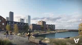 CGI image showing Central Dock, Liverpool Water, with proposed new units and public realm works.