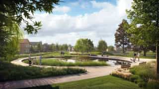 CGI image of Manydown Garden Community featuring a Floodable, climate resilient landscape within the neighbourhood park area