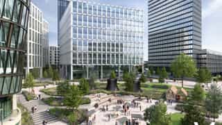 CGI of what Angeal Meadows will look like once completed, with terraced seating, market stalls, lawned and planting areas.