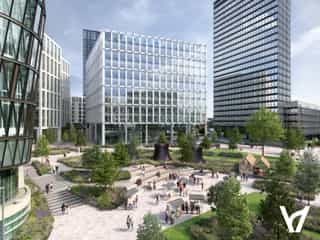 CGI of what Angeal Meadows will look like once completed, with terraced seating, market stalls, lawned and planting areas.