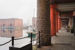 An image of Albert Docks on a misty morning