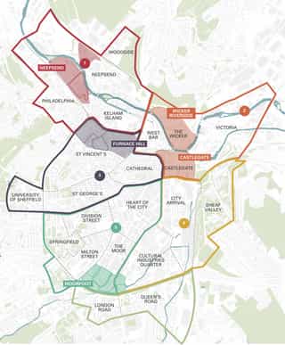 an aerial plan of Sheffield showing the different zones, all highlighted in different colours, named and numbered.