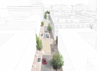 A digital sketch of the street landscape for Sugar House Island