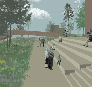 Illustration of agroecology optimised neighbourhood landscape with foraging and fruit trees