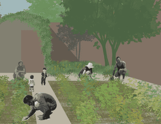 Illustrated Regenerative Neighbourhood creating their own food supply