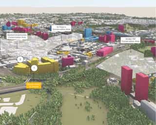 Vu City Aerial shot of the northeastern gateway of Stockport, highlighting different buildings